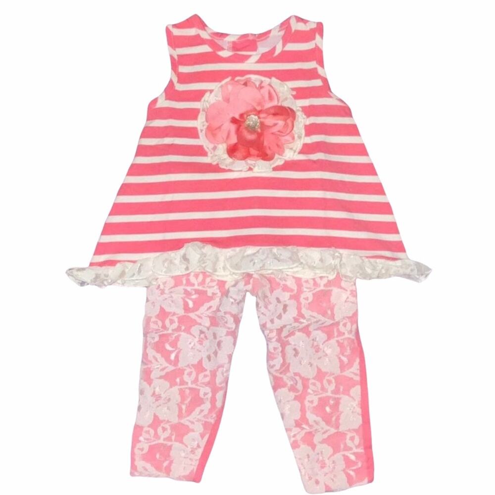 6/9 Peaches n' Cream Baby Girls Boutique Coral Ivory Lace Flower Outfit Set